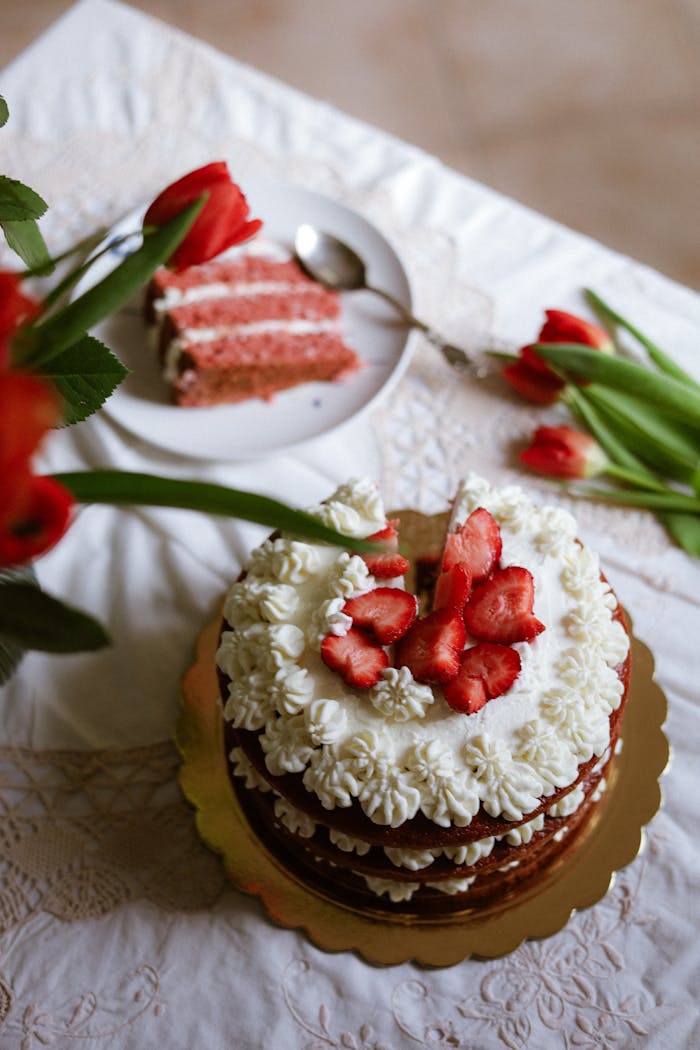 Elegant strawberry cake topped with cream and fresh tulips on a lace table.